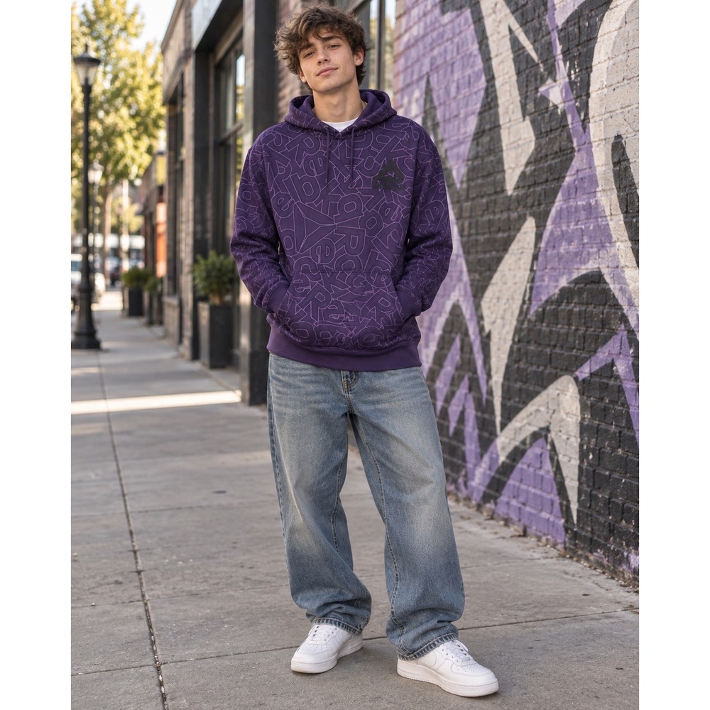 Reebok Men's Large Purple Allover Print Hoodie Streetwear Y2K Pullover
